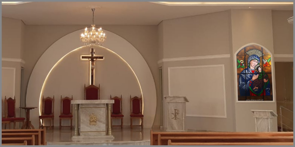 Vitral Nossa Senhora do Perpétuo Socorro; Iris arte vítrea; Vitral Sacro; Vitral religioso; estúdio de vitral; fábrica de vitral