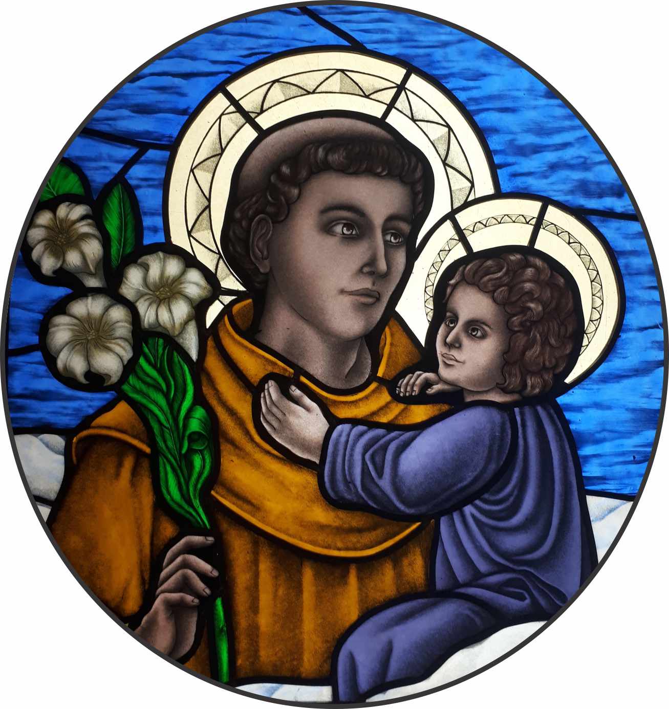 Santo Antônio e Menino Jesus; Santo Antônio; venda de vitral, telefone de vitrais, fábrica de vitrais, estúdio de vitrais, restauração de vitrais, compra de vitrais, loja de vitrais, contato de vitrais; Sto. Antônio, Iris arte vítrea; Roberto Petrelli; Vitrais em Florianópolis; Vitrais em Santa Catarina; vitral Sacro; telefone vitrais; estúdio de vitrais; comprar vitrais