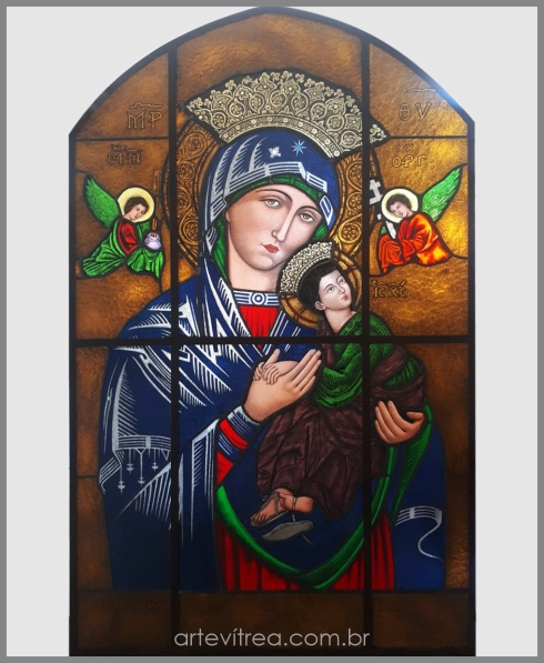 Vitral Nossa Senhora do Perpétuo Socorro; venda de vitral, telefone de vitrais, fábrica de vitrais, estúdio de vitrais, restauração de vitrais, compra de vitrais, loja de vitrais, contato de vitrais; Iris arte vítrea; Roberto Petrelli; vitral sacro; vitral religioso; estúdio de vitral; fábrica de vitral; vitral em Florianópolis; vitral em santa catarina