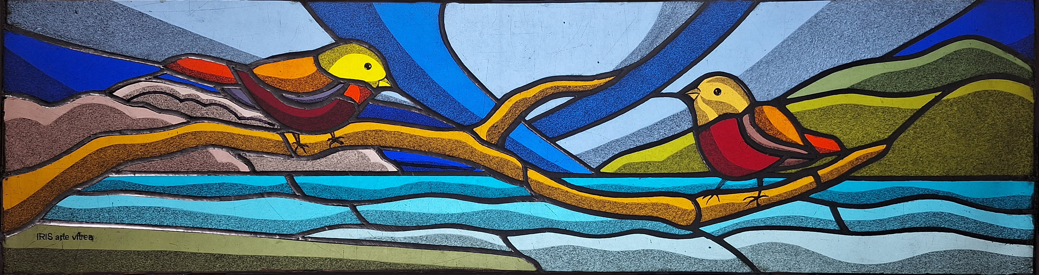 Vitral com pássaros; vitrais residenciais; copperfoil com pássaros; Iris arte vítrea; Roberto Petrelli; vitral; vitral em florianópolis; vitral em santa catarina; vitral em curitiba; vitral no Rio Grande do Sul, Vitral em Porto Alegre; vitral no Paraná; telefone de vitrais; compra de vitrais; belos vitrais; vitrais bonitos; fábrica de vitrais; estúdio de vitrais